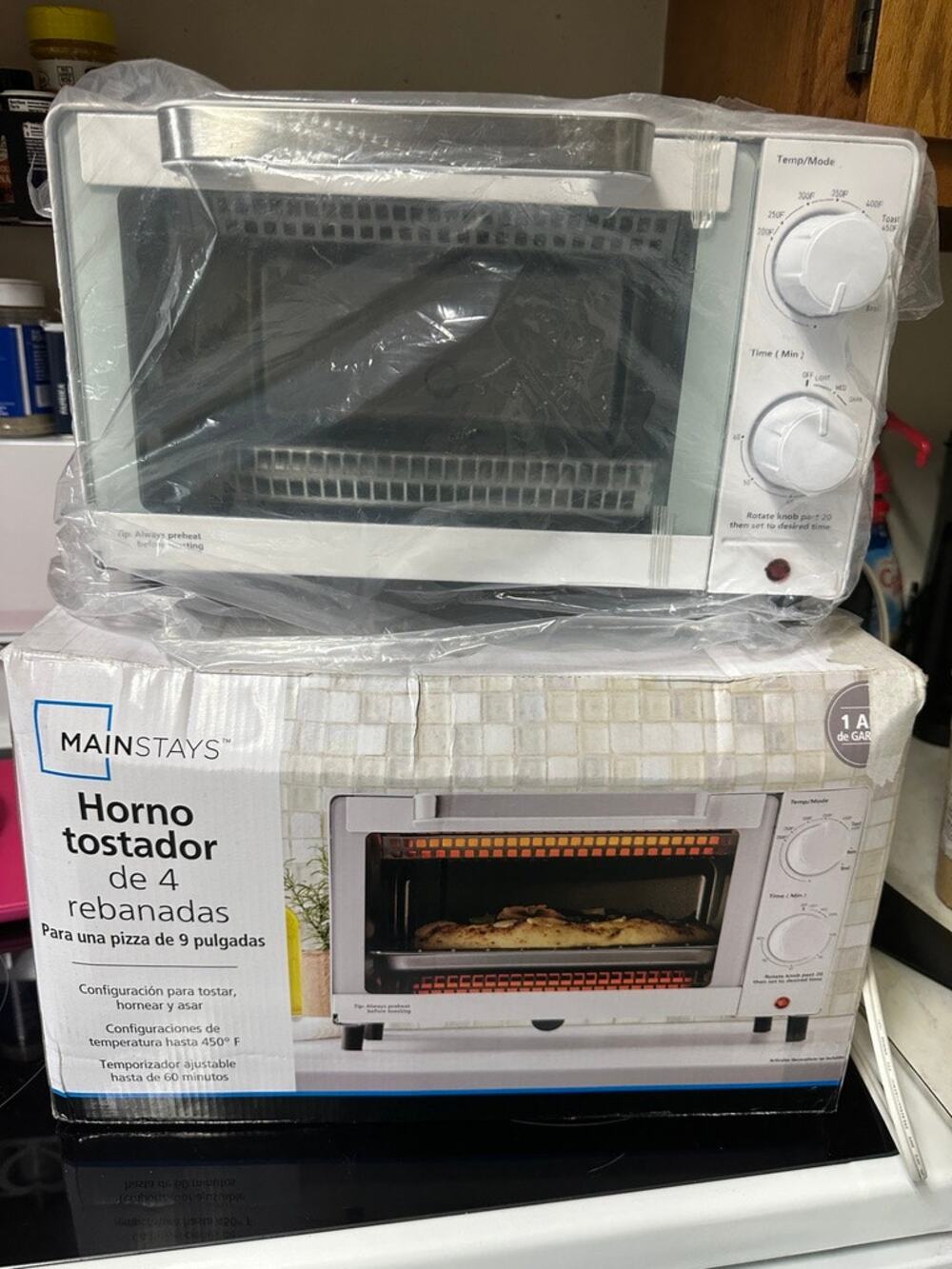 Mainstays 4-Slice White Toaster Oven 9" Pizza Toast Bake Broil 450°F New